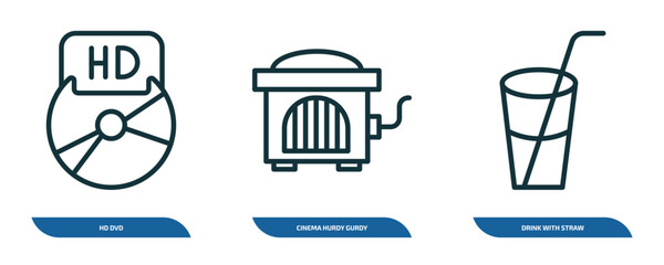 Poster - set of 3 linear icons from cinema concept. outline icons such as hd dvd, cinema hurdy gurdy, drink with straw vector