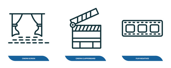 Poster - set of 3 linear icons from cinema concept. outline icons such as cinema screen, cinema clapperboard, film negatives vector