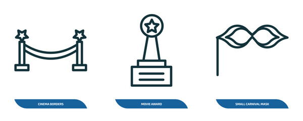 Poster - set of 3 linear icons from cinema concept. outline icons such as cinema borders, movie award, small carnival mask vector