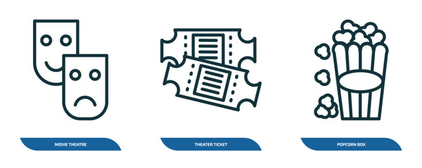 Poster - set of 3 linear icons from cinema concept. outline icons such as movie theatre, theater ticket, popcorn box vector
