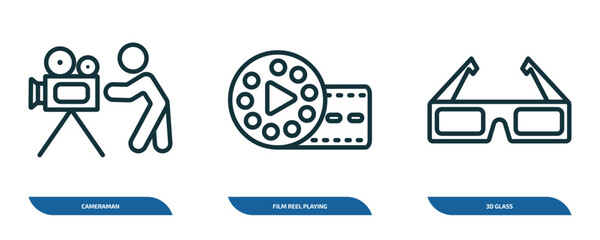 Poster - set of 3 linear icons from cinema concept. outline icons such as cameraman, film reel playing, 3d gl