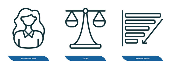 Poster - set of 3 linear icons from business and analytics concept. outline icons such as businesswoman, legal, depleting chart vector