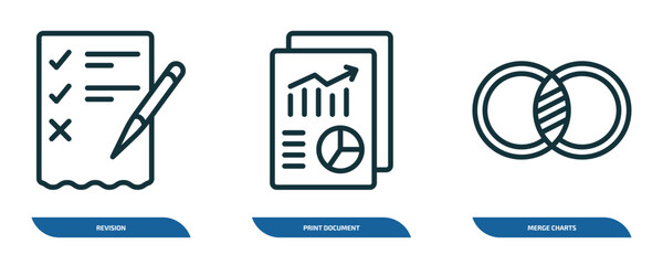 Poster - set of 3 linear icons from business and analytics concept. outline icons such as revision, print document, merge charts vector
