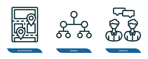 Wall Mural - set of 3 linear icons from business and analytics concept. outline icons such as 3d location graph, hierarchy, consulting vector