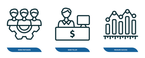 set of 3 linear icons from business concept. outline icons such as work parteners, bank teller, measure success vector