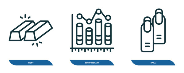 Poster - set of 3 linear icons from business concept. outline icons such as ingot, column chart, nails vector