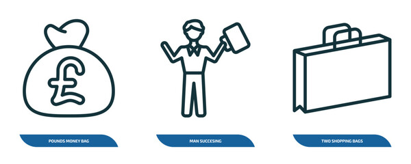 Poster - set of 3 linear icons from business concept. outline icons such as pounds money bag, man succesing, two shopping bags vector