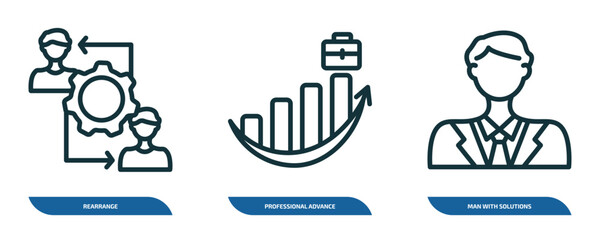 Aufkleber - set of 3 linear icons from business concept. outline icons such as rearrange, professional advance, man with solutions vector