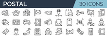 Set Of 30 Outline Icons Related To Post, Postal. Linear Icon Collection. Editable Stroke. Vector Illustration