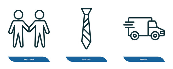 Poster - set of 3 linear icons from business concept. outline icons such as men couple, black tie, logistic vector