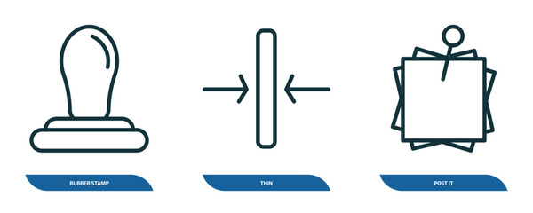 Poster - set of 3 linear icons from business concept. outline icons such as rubber stamp, thin, post it vector