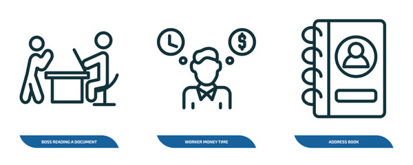 Poster - set of 3 linear icons from business concept. outline icons such as boss reading a document, worker m