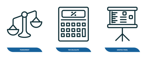 Poster - set of 3 linear icons from business concept. outline icons such as punishment, tax calculate, graphi