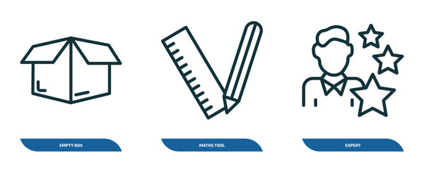 Poster - set of 3 linear icons from business concept. outline icons such as empty box, maths tool, expert vector