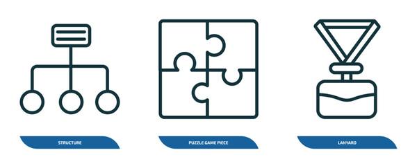 Poster - set of 3 linear icons from business concept. outline icons such as structure, puzzle game piece, lanyard vector