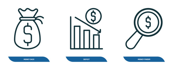 Wall Mural - set of 3 linear icons from business concept. outline icons such as money sack, deficit, money finder vector