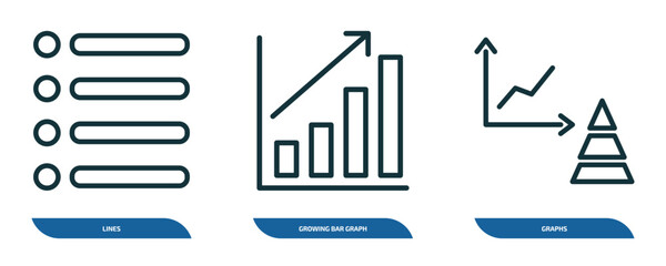 Poster - set of 3 linear icons from business concept. outline icons such as lines, growing bar graph, graphs 
