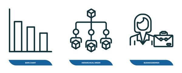 Poster - set of 3 linear icons from business concept. outline icons such as bars chart, hierarchical order, b