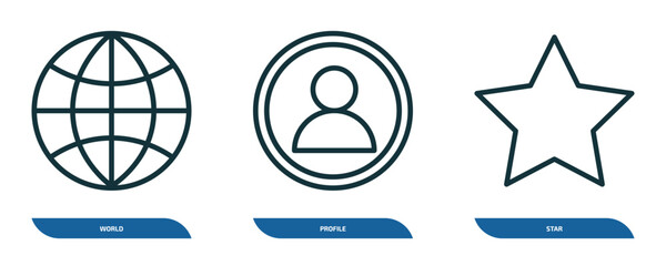 Poster - set of 3 linear icons from blogger and influencer concept. outline icons such as world, profile, star vector