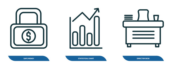 Poster - set of 3 linear icons from business concept. outline icons such as safe money, statistical chart, di