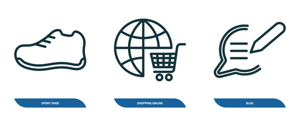 Poster - set of 3 linear icons from blogger and influencer concept. outline icons such as sport shoe, shopping online, blog vector