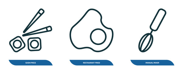 Poster - set of 3 linear icons from bistro and restaurant concept. outline icons such as sushi piece, restaurant fried egg, manual mixer vector