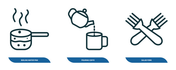 Poster - set of 3 linear icons from bistro and restaurant concept. outline icons such as boiling water pan, pouring coffe, salad fork vector