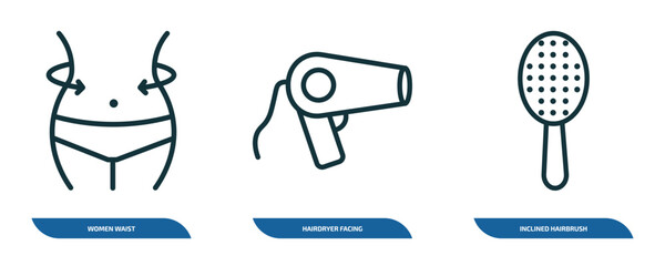 Poster - set of 3 linear icons from beauty concept. outline icons such as women waist, hairdryer facing left, inclined hairbrush vector