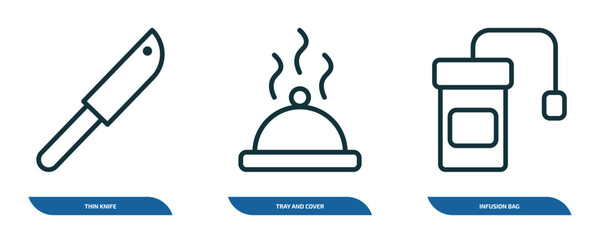 Poster - set of 3 linear icons from bistro and restaurant concept. outline icons such as thin knife, tray and cover, infusion bag vector