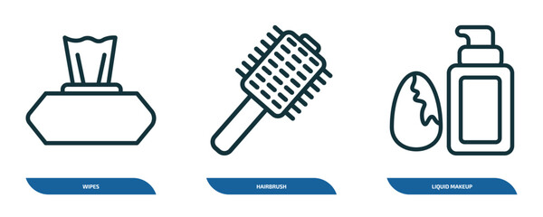 Poster - set of 3 linear icons from beauty concept. outline icons such as wipes, hairbrush, liquid makeup vector