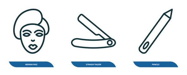 Poster - set of 3 linear icons from beauty concept. outline icons such as woman face, straight razor, pencils