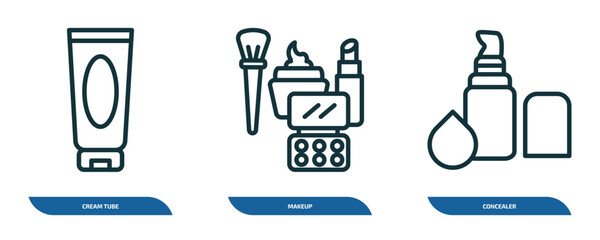 Poster - set of 3 linear icons from beauty concept. outline icons such as cream tube, makeup, concealer vector