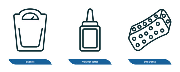 Poster - set of 3 linear icons from beauty concept. outline icons such as big scale, aplicator bottle, bath s