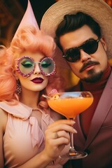 Wall Mural - On halloween night, a mysterious couple stands confidently with their matching orange goggles and sunglasses, each gripping a vibrant drink in their hands, looking ready to take on the night