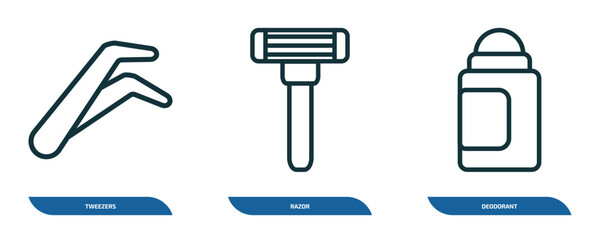 Poster - set of 3 linear icons from beauty concept. outline icons such as tweezers, razor, deodorant vector
