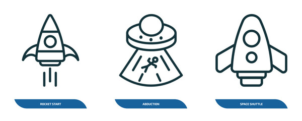 Poster - set of 3 linear icons from astronomy concept. outline icons such as rocket start, abduction, space shuttle vector