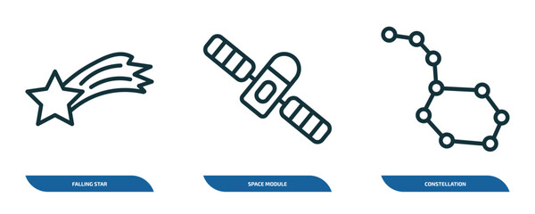 Poster - set of 3 linear icons from astronomy concept. outline icons such as falling star, space module, constellation vector