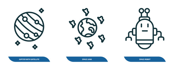 Poster - set of 3 linear icons from astronomy concept. outline icons such as jupiter with satellite, space junk, space robot vector