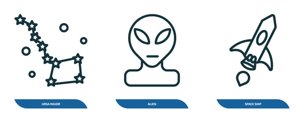 Poster - set of 3 linear icons from astronomy concept. outline icons such as ursa major, alien, space ship vector