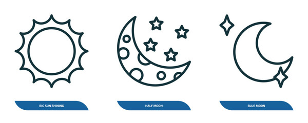 Poster - set of 3 linear icons from astronomy concept. outline icons such as big sun shining, half moon, blue