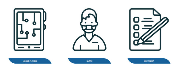 Poster - set of 3 linear icons from artificial intellegence concept. outline icons such as mobile flexible display, nurse, check list vector