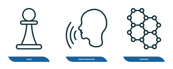 Poster - set of 3 linear icons from artificial intellegence concept. outline icons such as chess, voice recognition, graphene vector