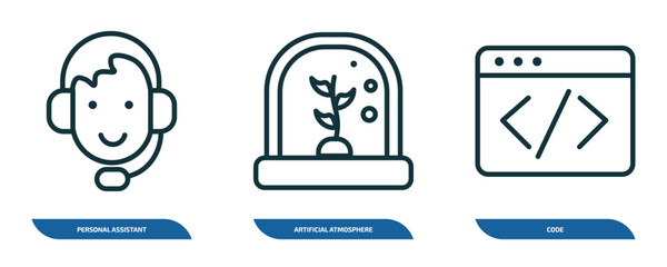 Poster - set of 3 linear icons from artificial intellegence concept. outline icons such as personal assistant, artificial atmosphere, code vector