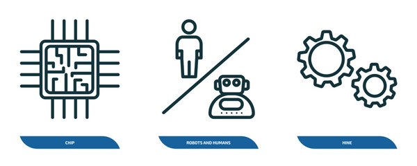 Poster - set of 3 linear icons from artificial intellegence concept. outline icons such as chip, robots and humans, hine vector