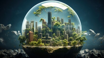 Wall Mural - symbolic 3d image of the globe with elements of human activity and nature landscape. eliminate waste