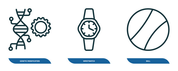 Poster - set of 3 linear icons from artificial intellegence concept. outline icons such as genetic modification, wristwatch, ball vector