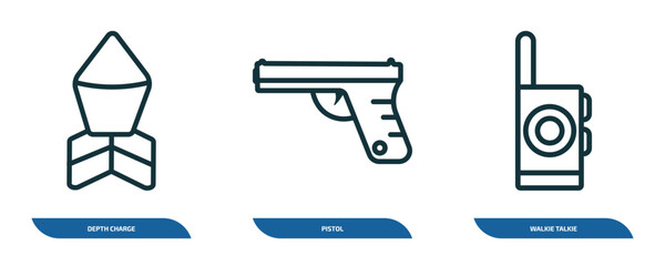 Poster - set of 3 linear icons from army and war concept. outline icons such as depth charge, pistol, walkie talkie vector