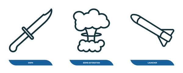Poster - set of 3 linear icons from army and war collection. concept. outline icons such as knife, bomb detonation, launcher vector