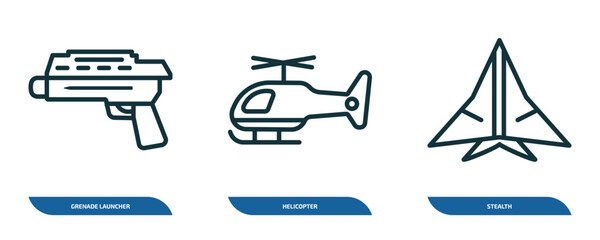 Poster - set of 3 linear icons from army and war concept. outline icons such as grenade launcher, helicopter,