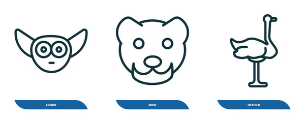 Poster - set of 3 linear icons from animals concept. outline icons such as lemur, mink, ostrich vector